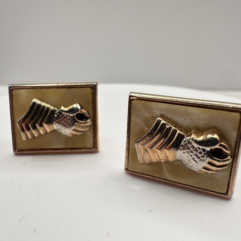 Vintage 80s Gold Tone Cream Cufflinks Military Chevron Retro Design